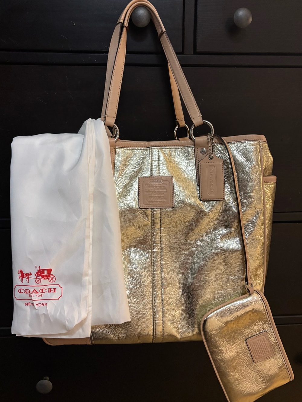 Coach Metro Gold Metallic XL Leather Tote Bag